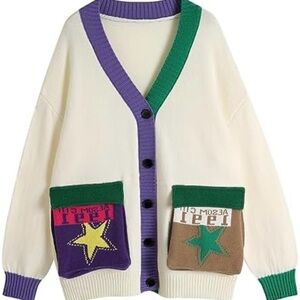 NWT Ckikiou Oversized Color Block Cardigan Sz L Colorful Star Pockets